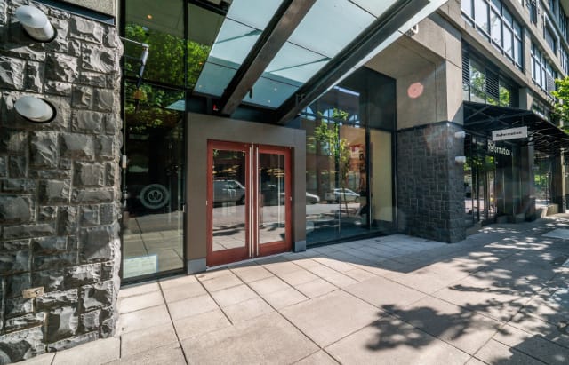 Building entrance showcasing prime Pearl District location with modern architecture